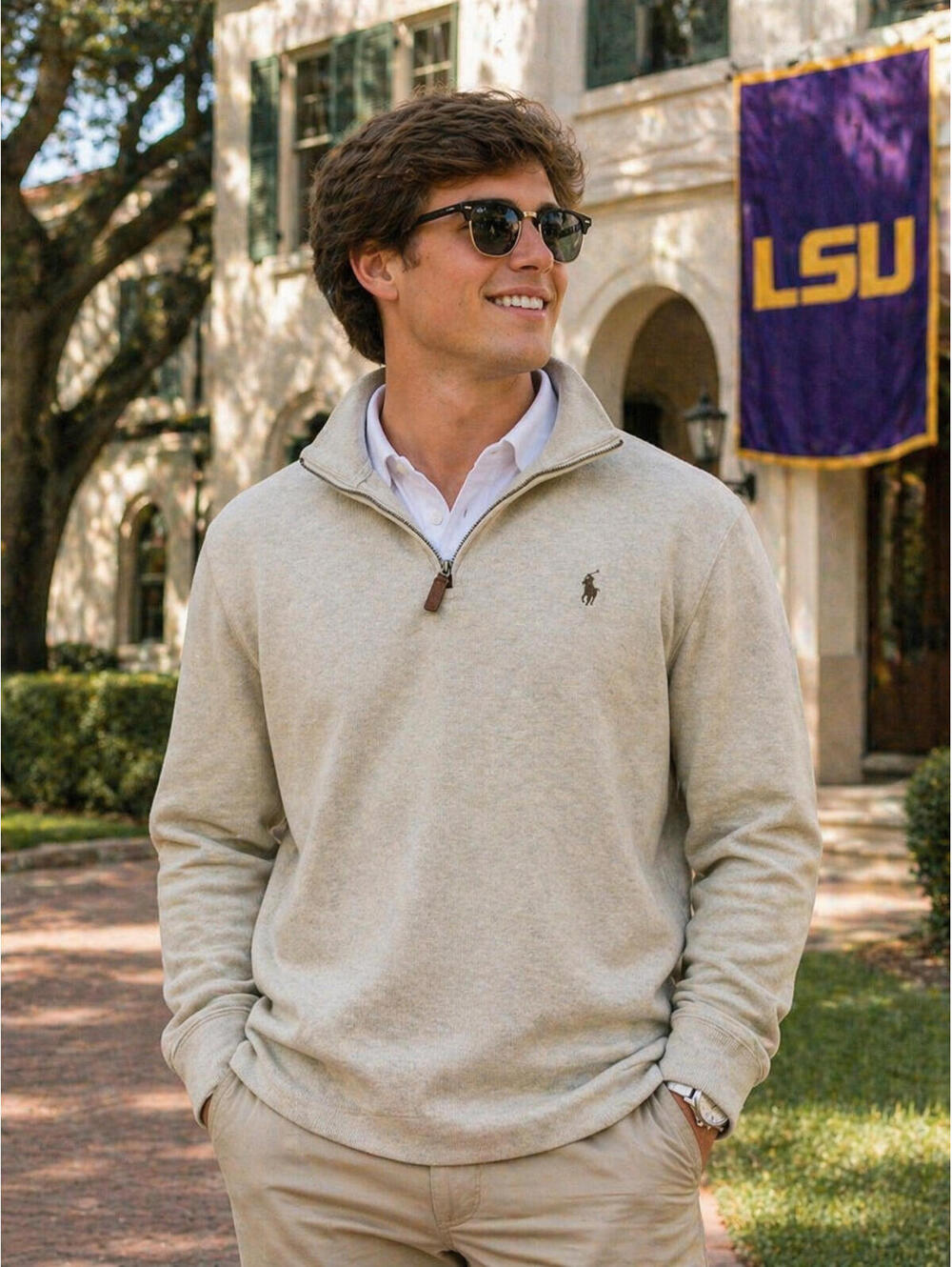 Polo Ralph Lauren Men's 1/4 Zip Pullover Sweater Long Sleeve Beige Size XL